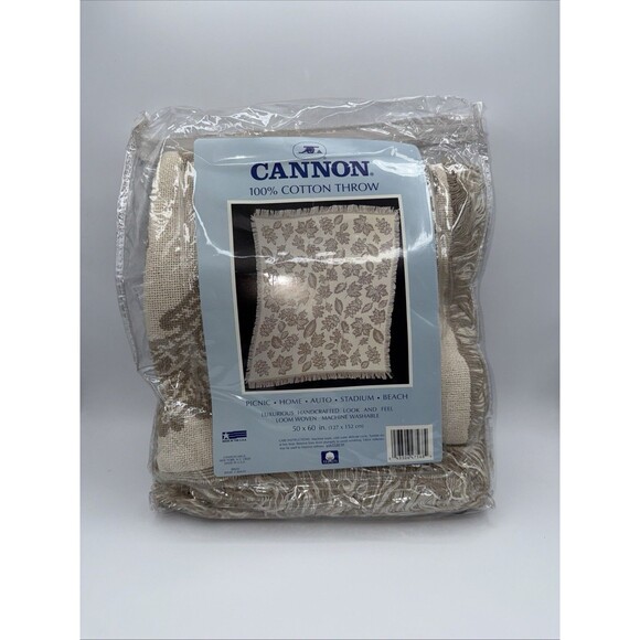 Vtg Cannon Cotton Throw Blanket 50x60in Beige Leaves Nature NOS Woven USA - Picture 10 of 12